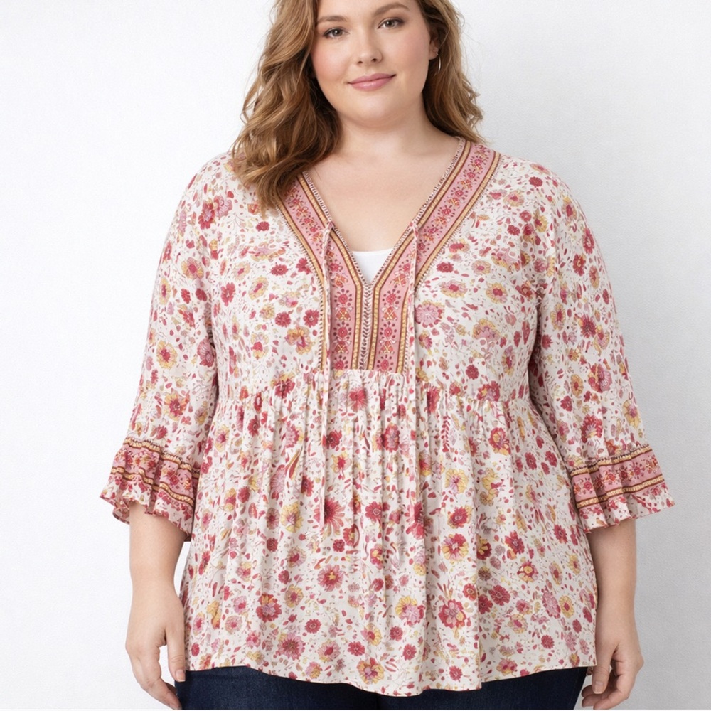 Cynthia Rowley Babydoll Top Floral Tie Front 3/4 Ruffle Bell Sleeves Size 3x